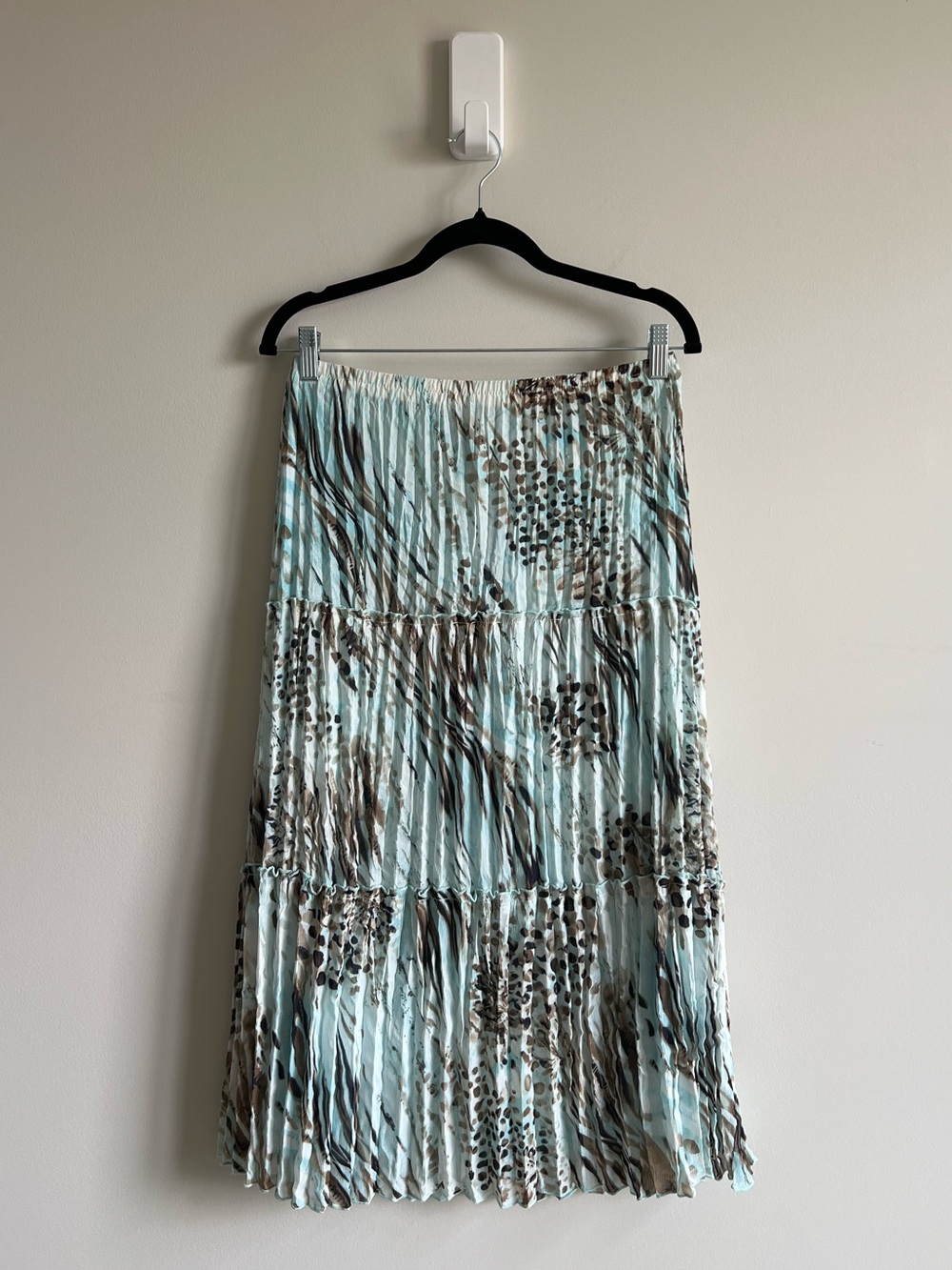 Beach Boho Petite Tiered Maxi Skirt in Light Aqua Teal and Brown Animal Print